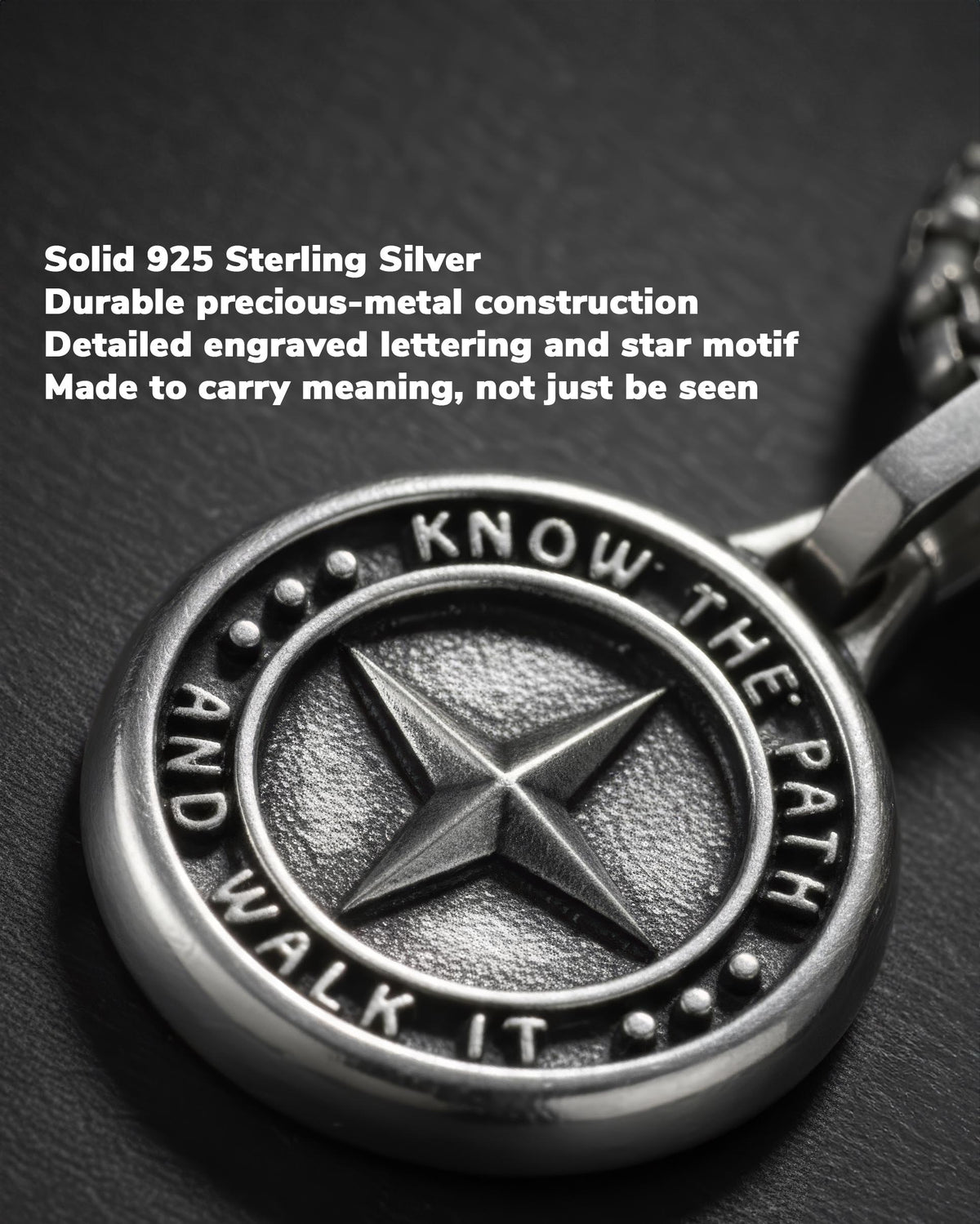 Round Silver Pendant North Star & Motivational Message