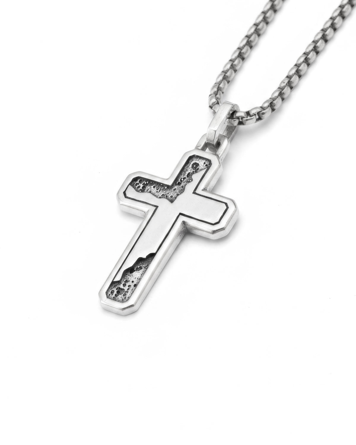 Cracked Cross Necklace Oxidized and Plain Silver