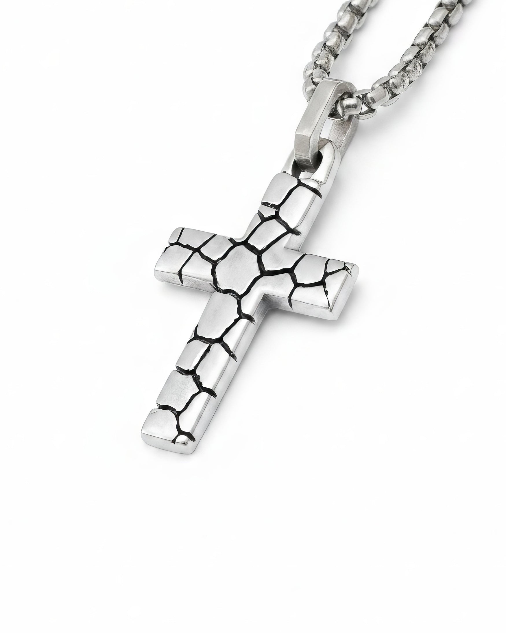 Desert Cross Pendant Necklace Silver Cracked Design