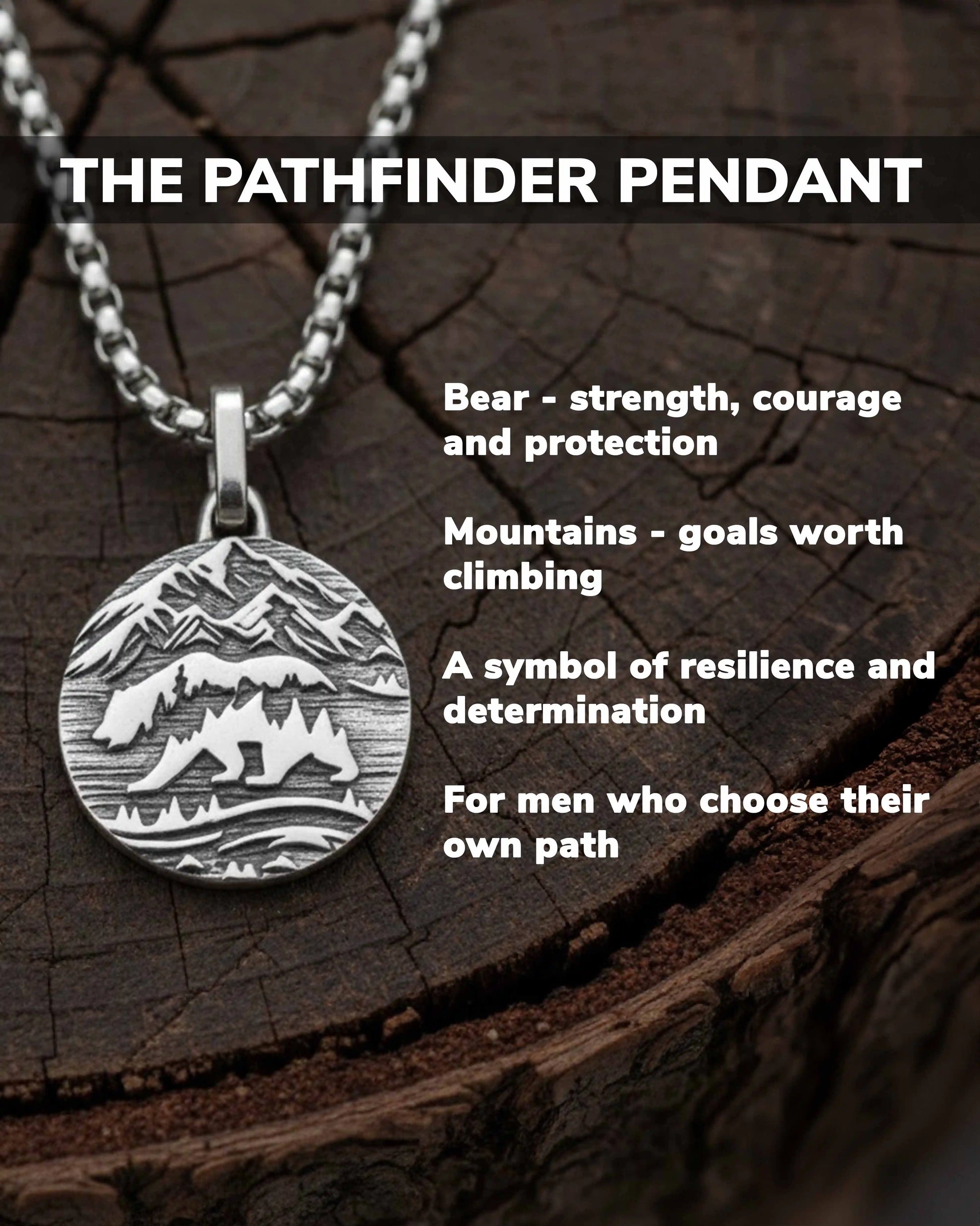 Mountains & Bear Round Necklace Sterling Silver