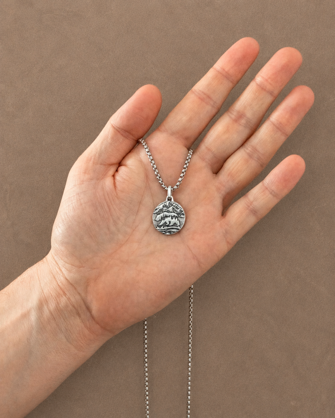 Mountains & Bear Round Necklace Sterling Silver