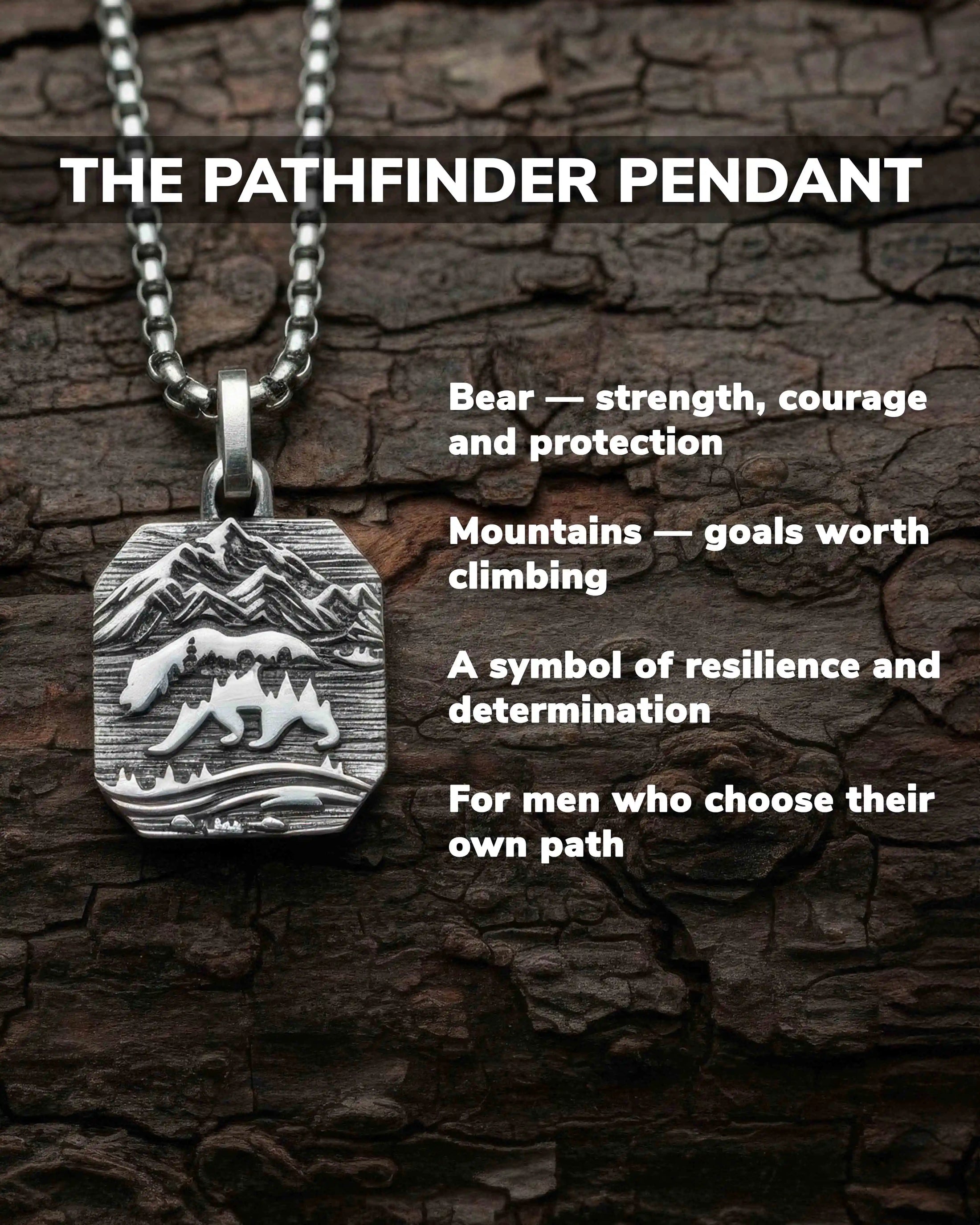 Bear and Mountains Silver Pendant Necklace Octagonal Design