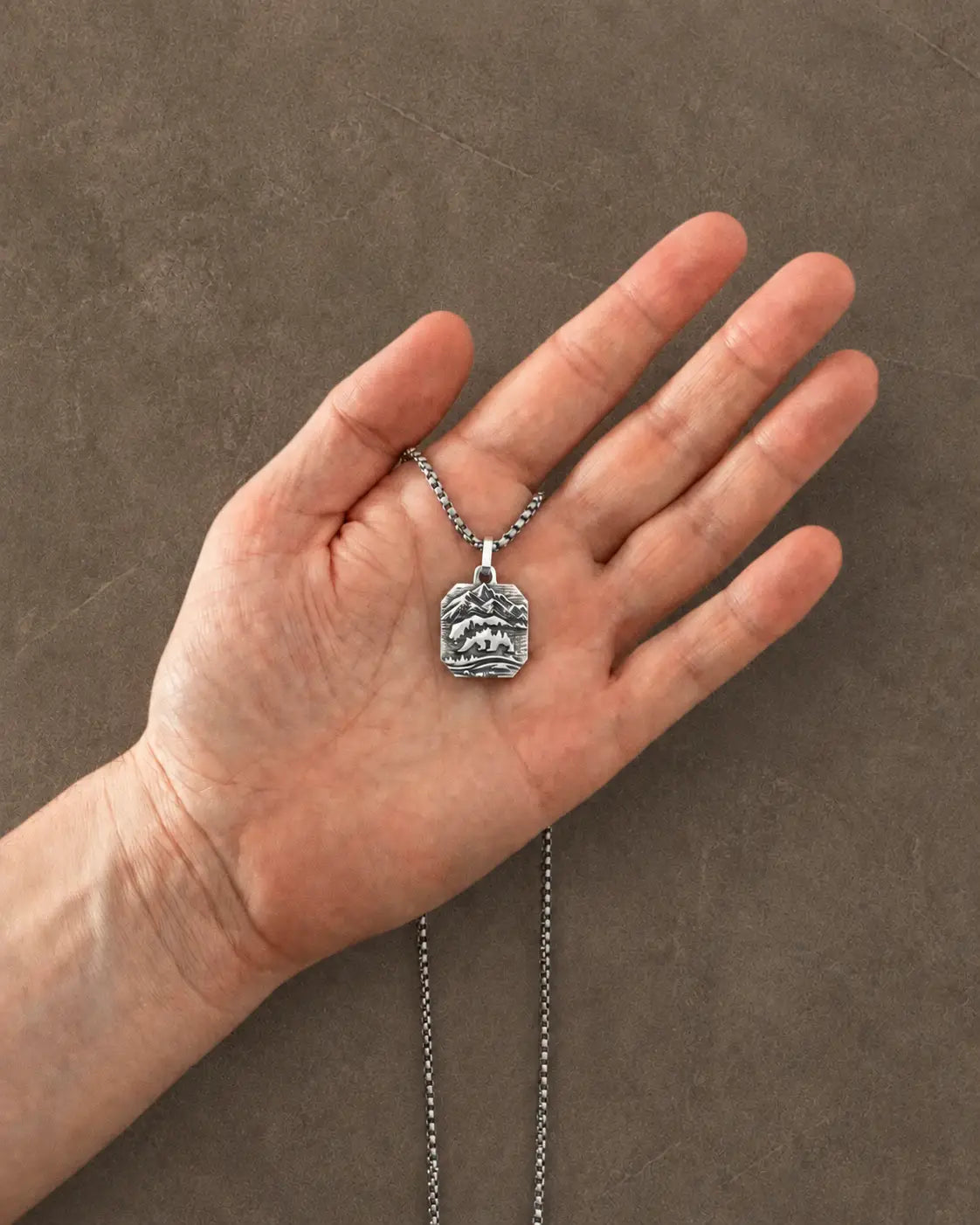 Bear and Mountains Silver Pendant Necklace Octagonal Design