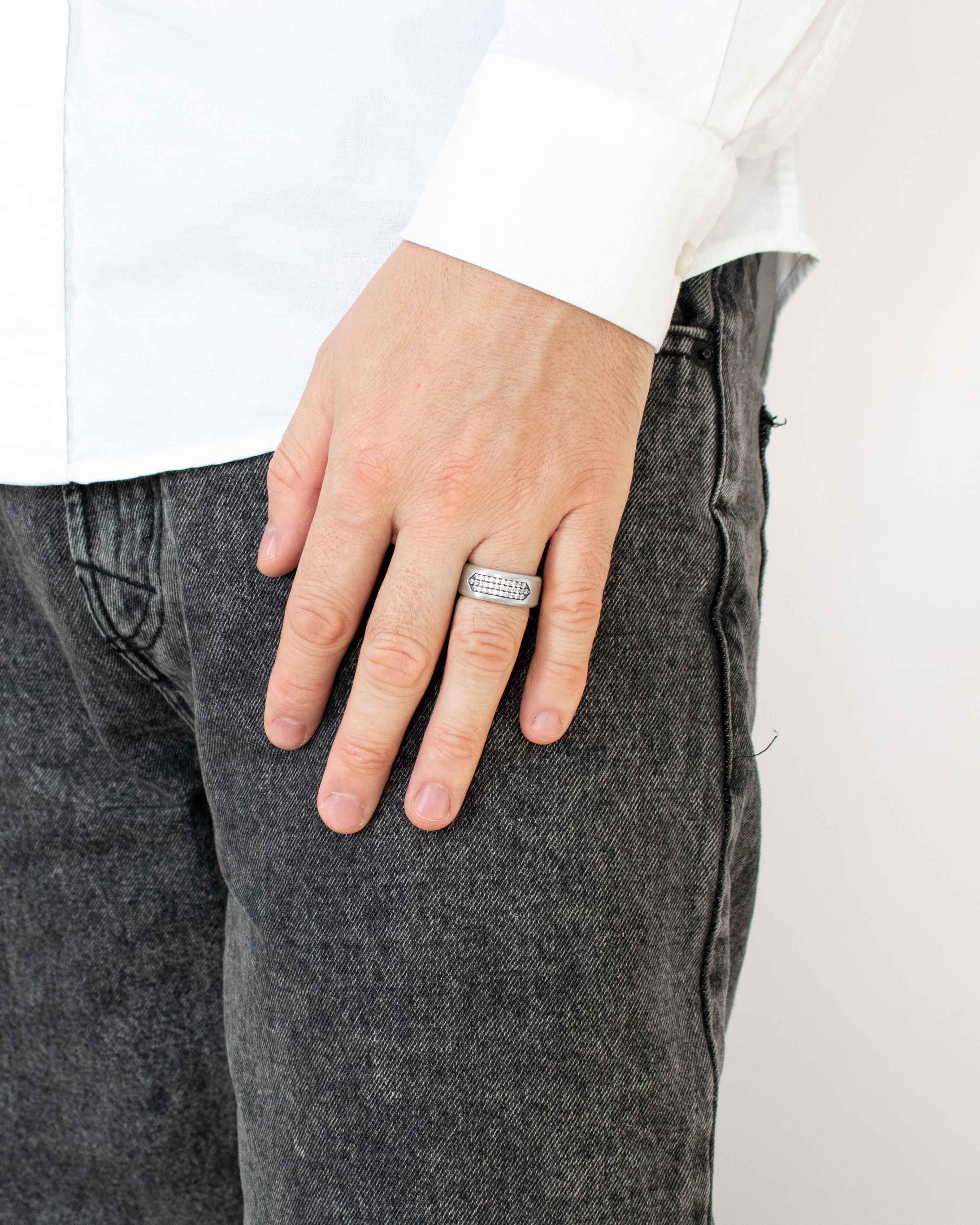 Matte Wedding Band with Diamonds CZ Sterling Silver