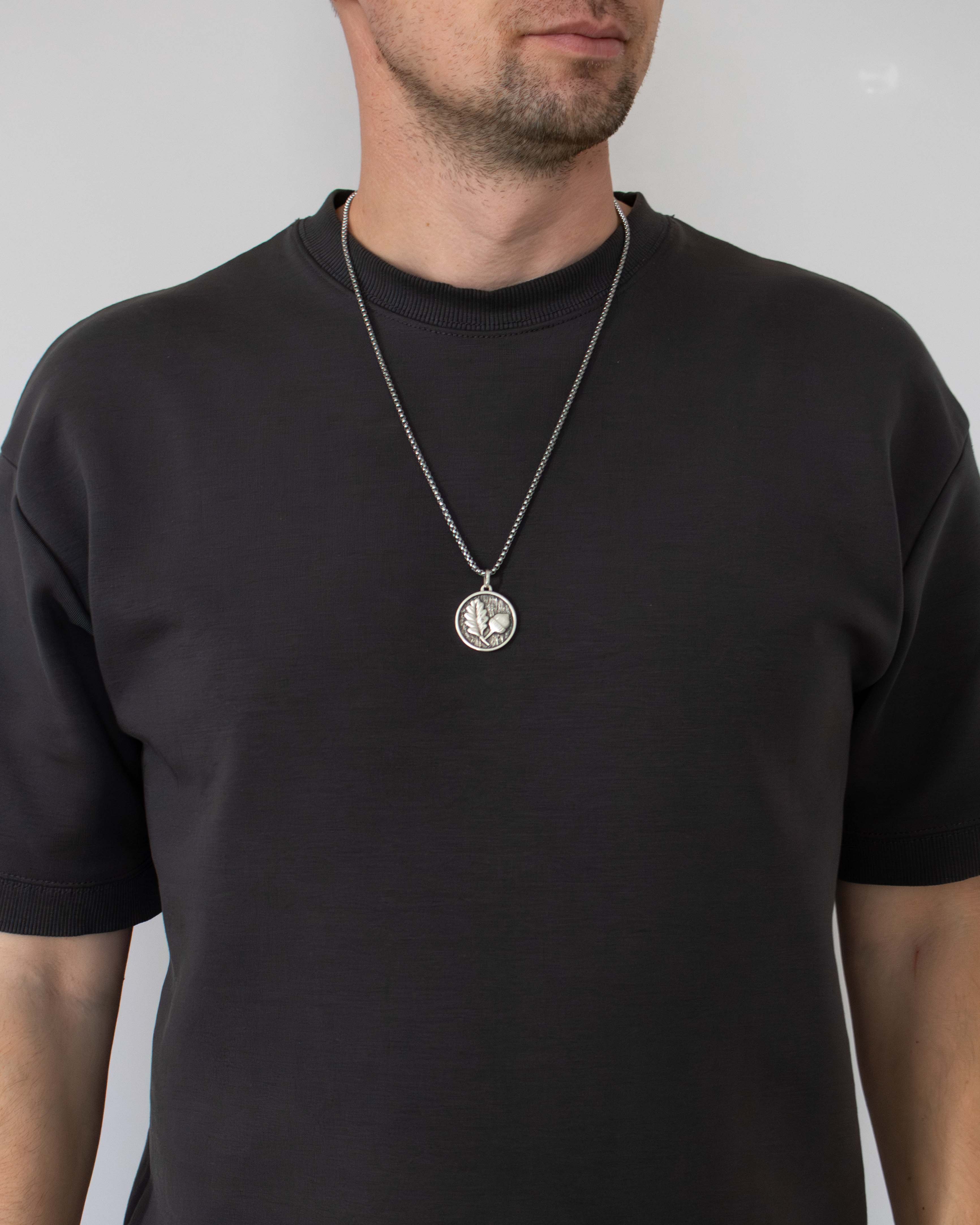 Oak Leaf and Acorn Round Amulet Necklace Silver