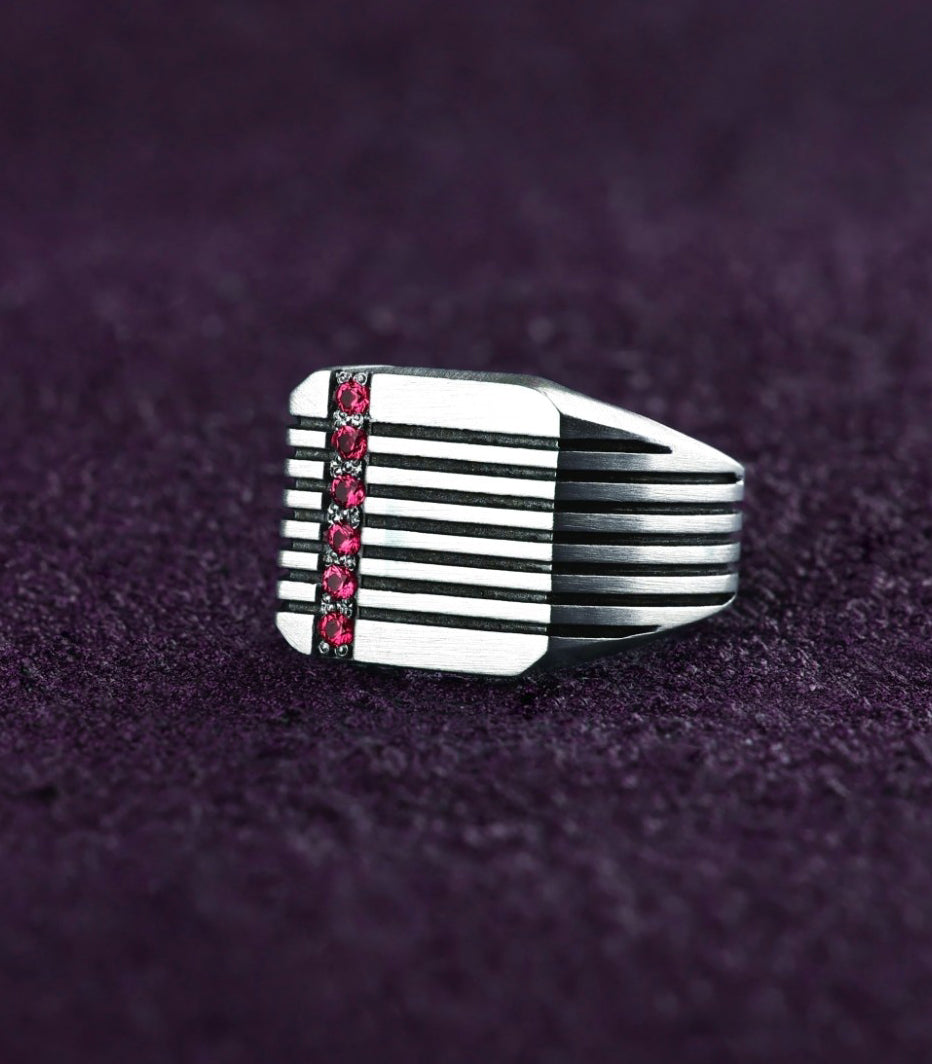 Modern Mens Grooved Signet Ring with Custom Red Stones