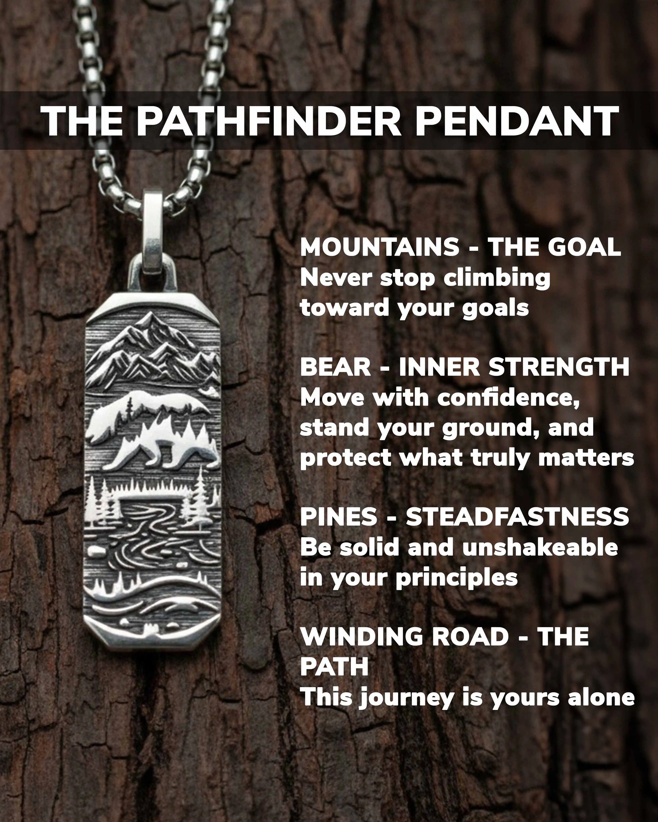 Bar Pendant with Bear and Mountains Fine Silver 925