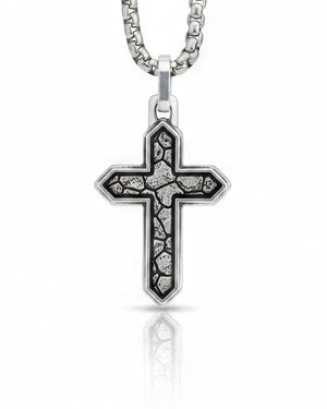 Earthy Cross Pendant Necklace Cracked Design Silver