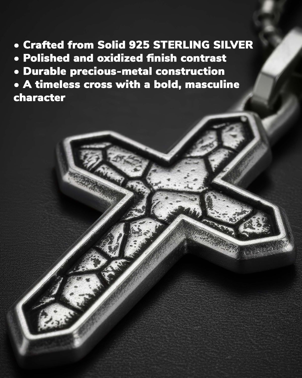 Earthy Cross Pendant Necklace Cracked Design Silver