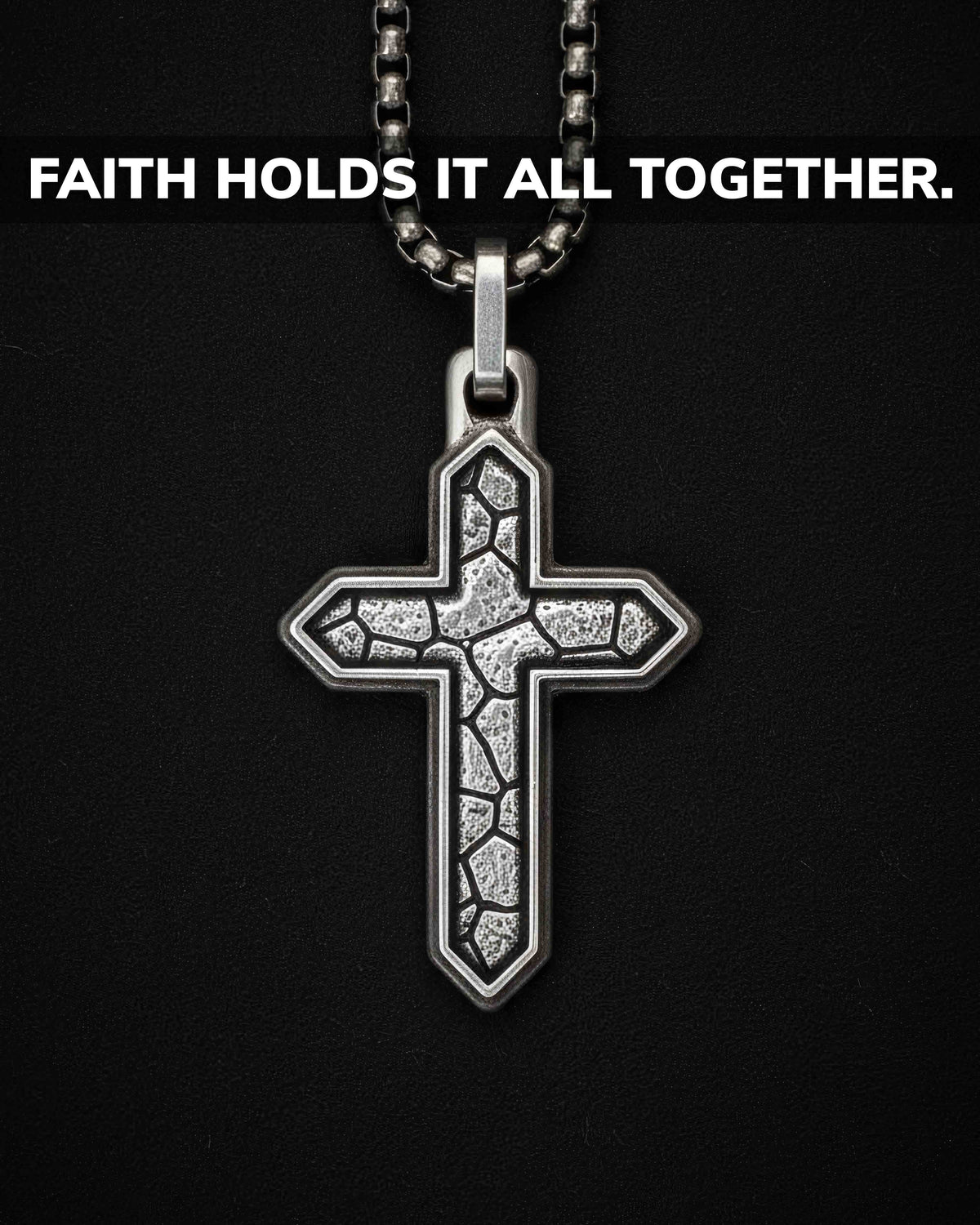 Earthy Cross Pendant Necklace Cracked Design Silver