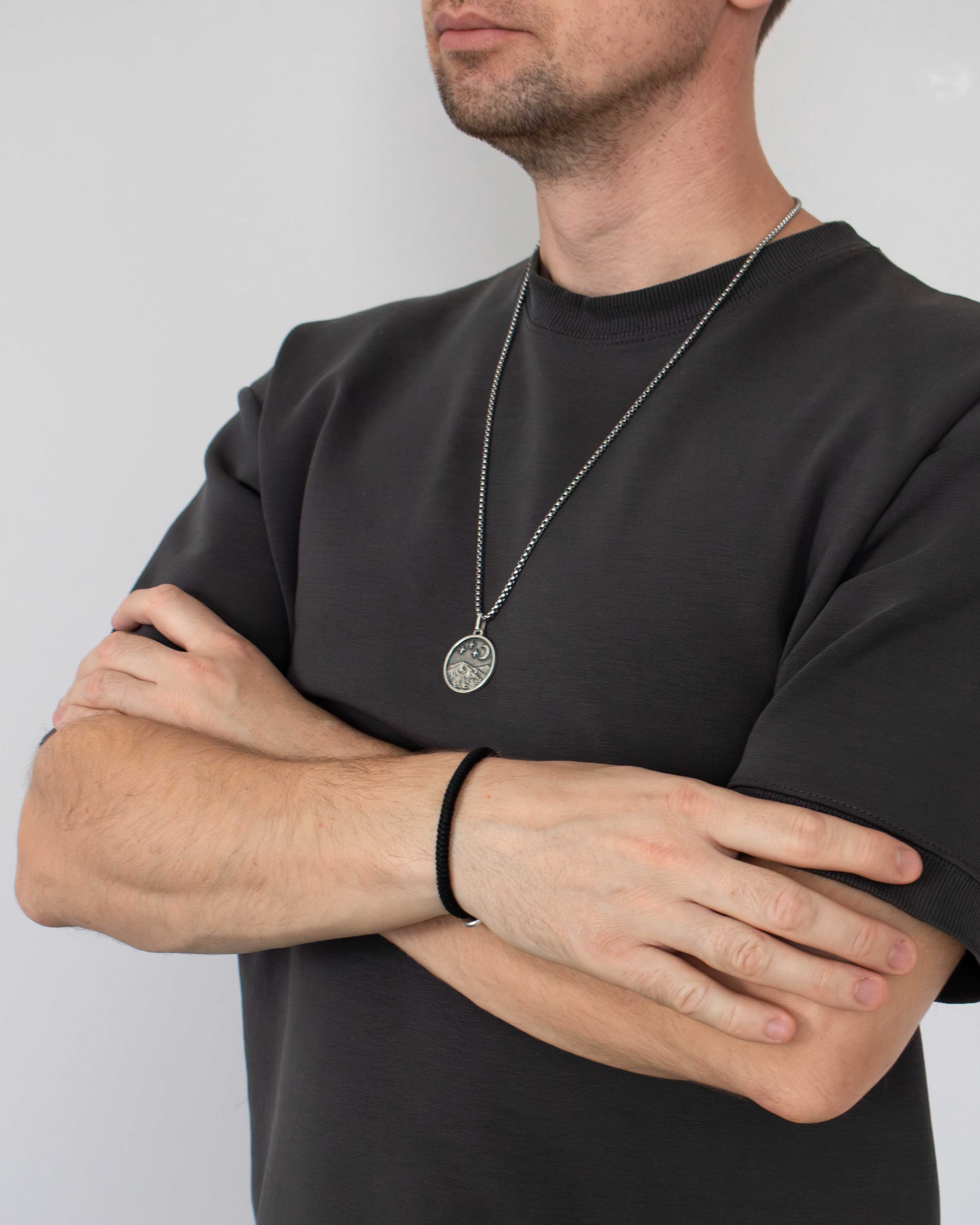Silver Round Amulet Necklace with Mountain Peak & Moon