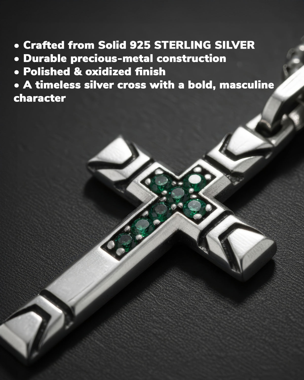 Streetwear Cross Necklace with Emeralds Solid Silver