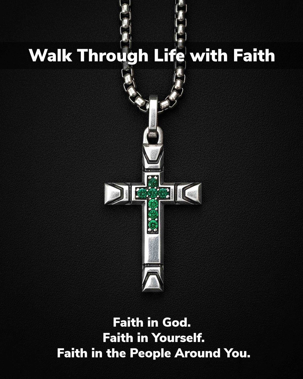 Streetwear Cross Necklace with Emeralds Solid Silver