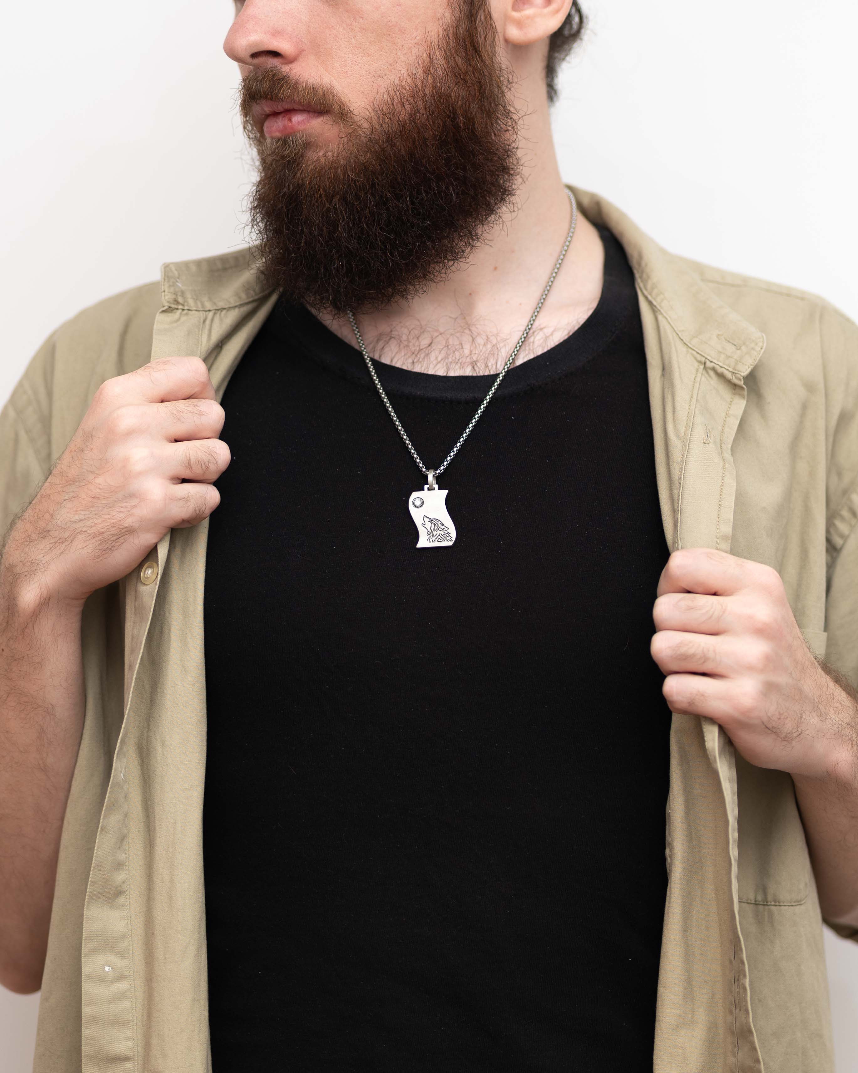 Silver Moon and Wolf Pendant Necklace with Gemstone