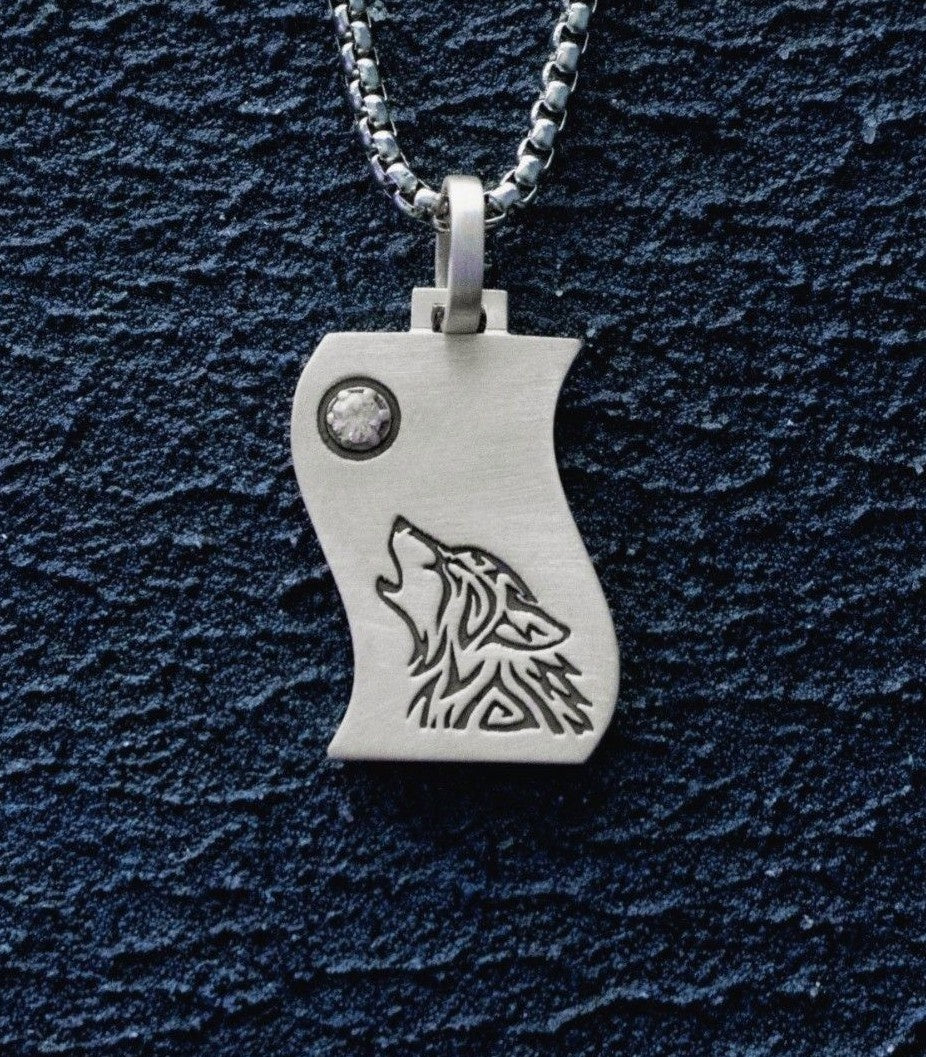 Silver Moon and Wolf Pendant Necklace with Gemstone
