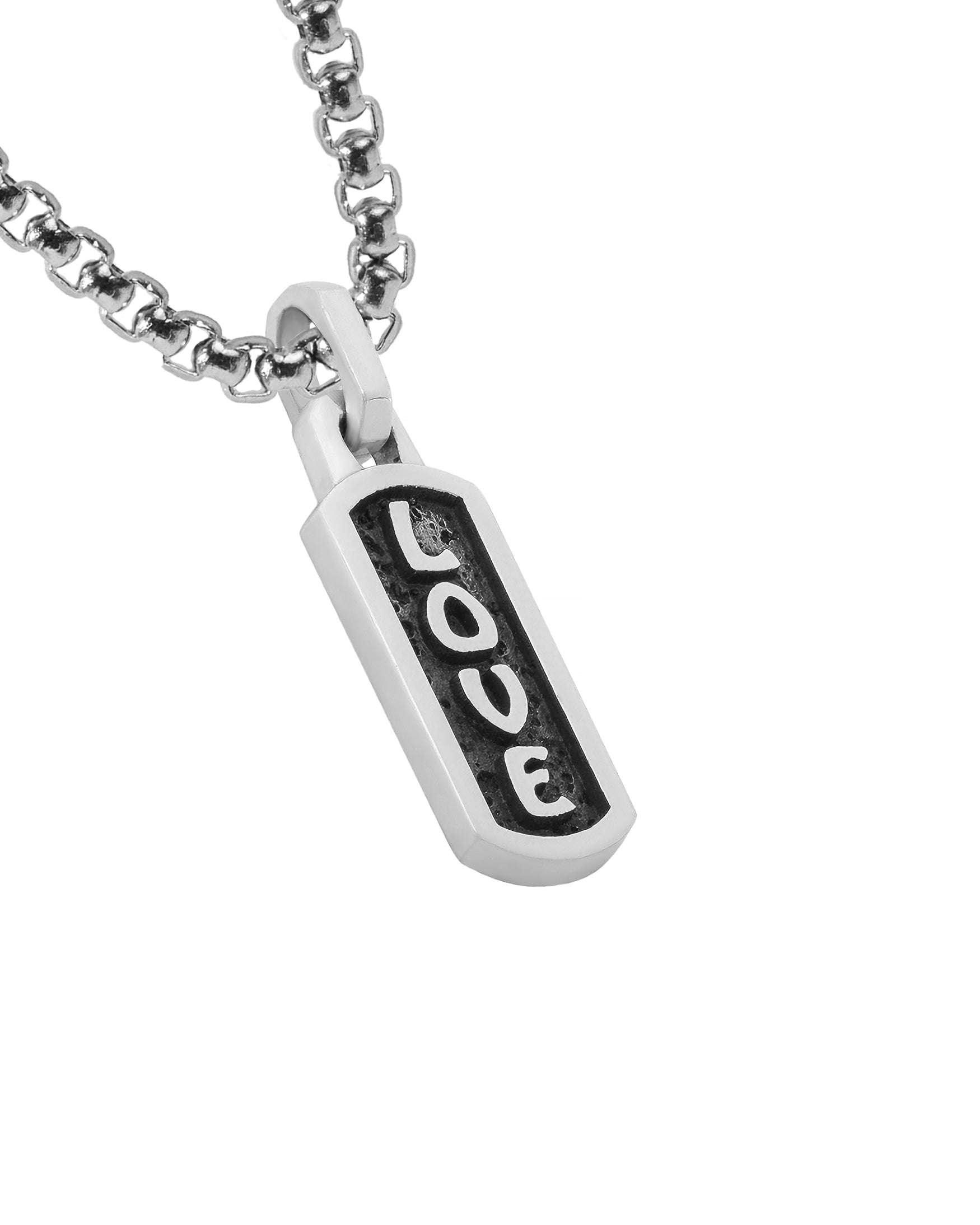 Tiny Silver Amulet Necklace with Engraved Word LOVE