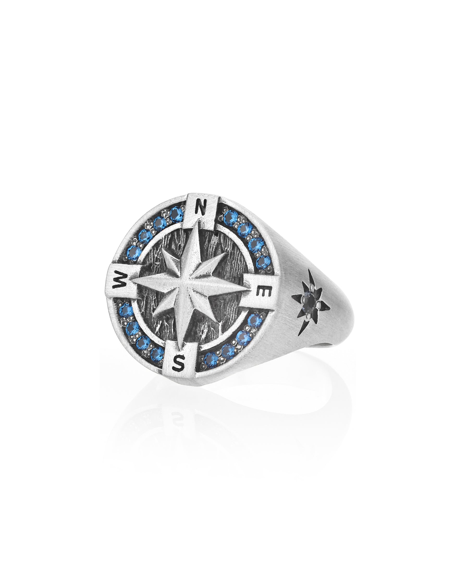 Round Silver Compass Signet Ring with Blue Sapphire CZ
