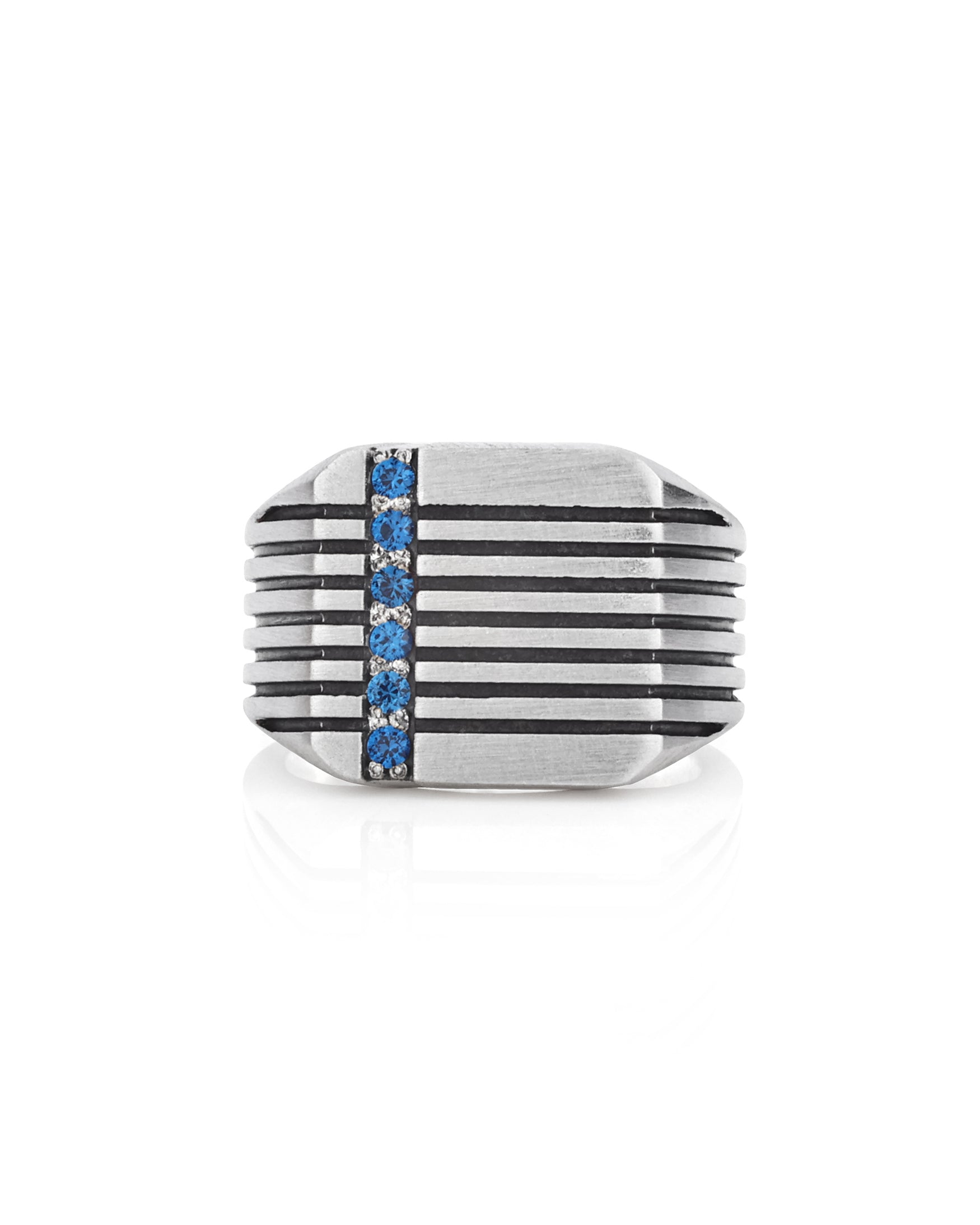 Silver Square Signet Ring Blue Stones & Brutal Stripes