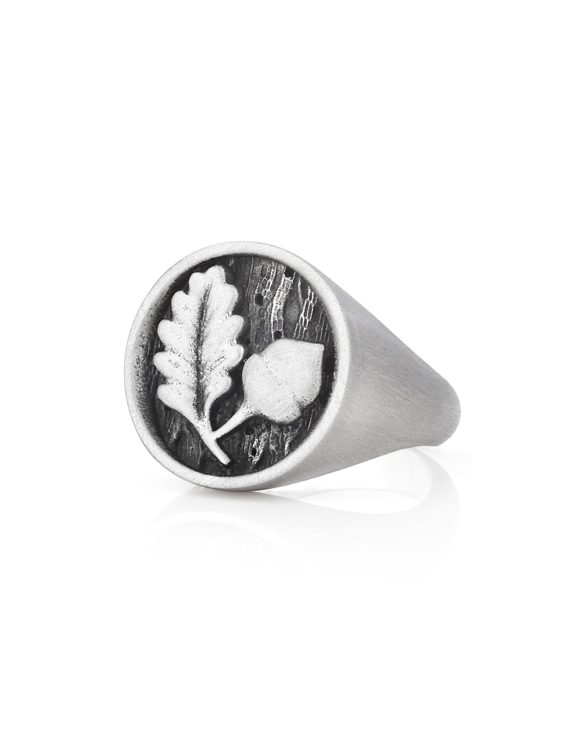 Mens Silver Signet Ring Engraved Oak Leaf and Acorn