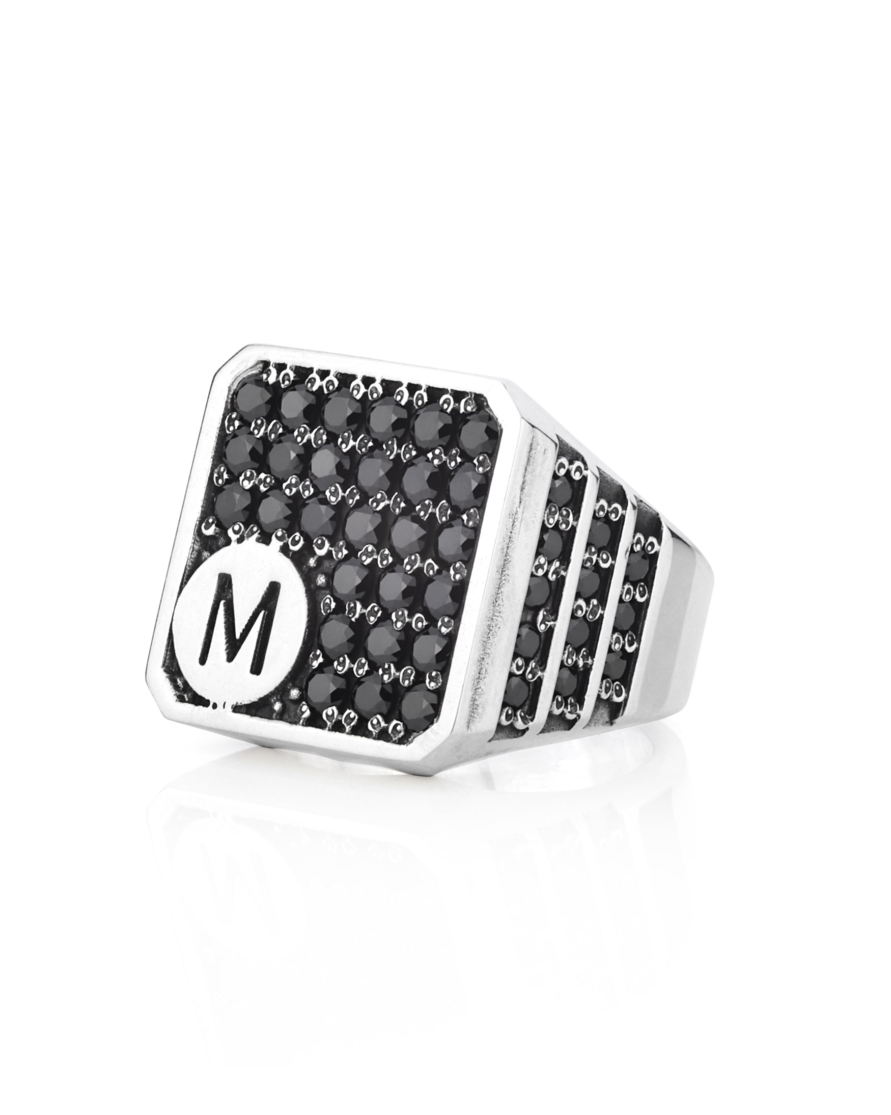 Chunky Silver Letter Signet Ring with Black Stones