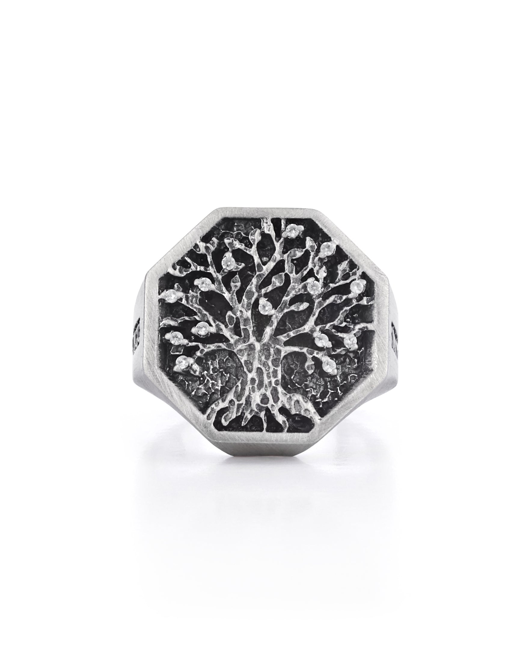 Celtic Tree of Life Octagon Signet Ring with White Gems