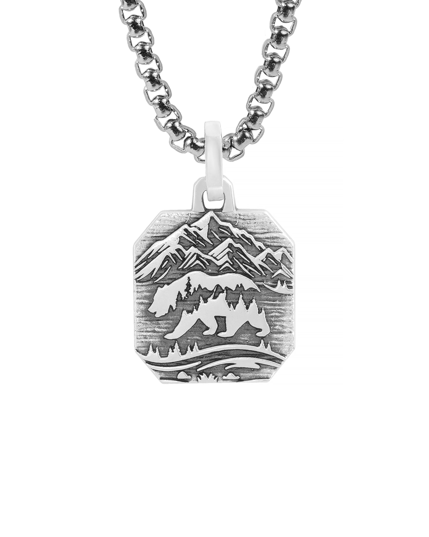 Mountains & Bear Necklace Silver Octagonal Shape