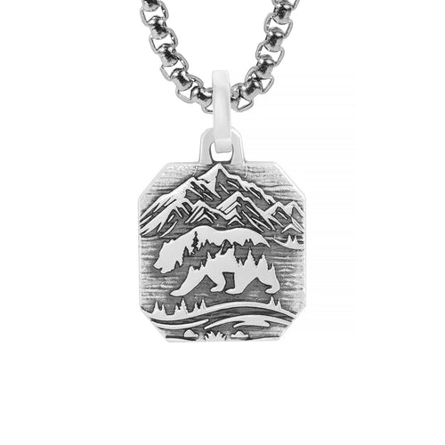 Mountains & Bear Necklace Silver Octagonal Shape