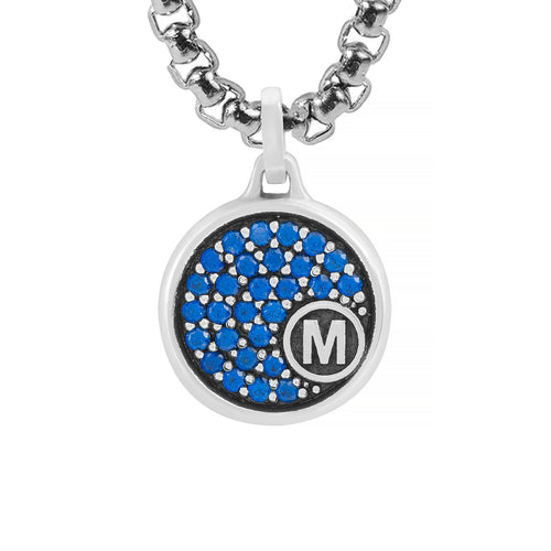 Round Silver Initial Pendant Necklace Blue Sapphire CZ