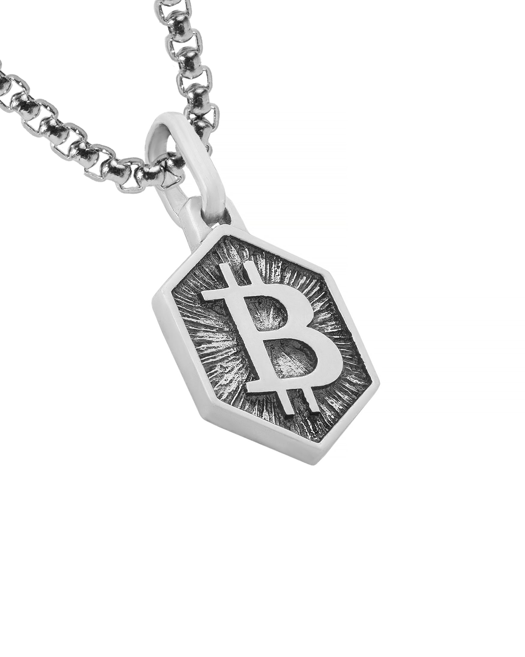 Bitcoin Pendant Necklace Hexagon Shape Sterling Silver