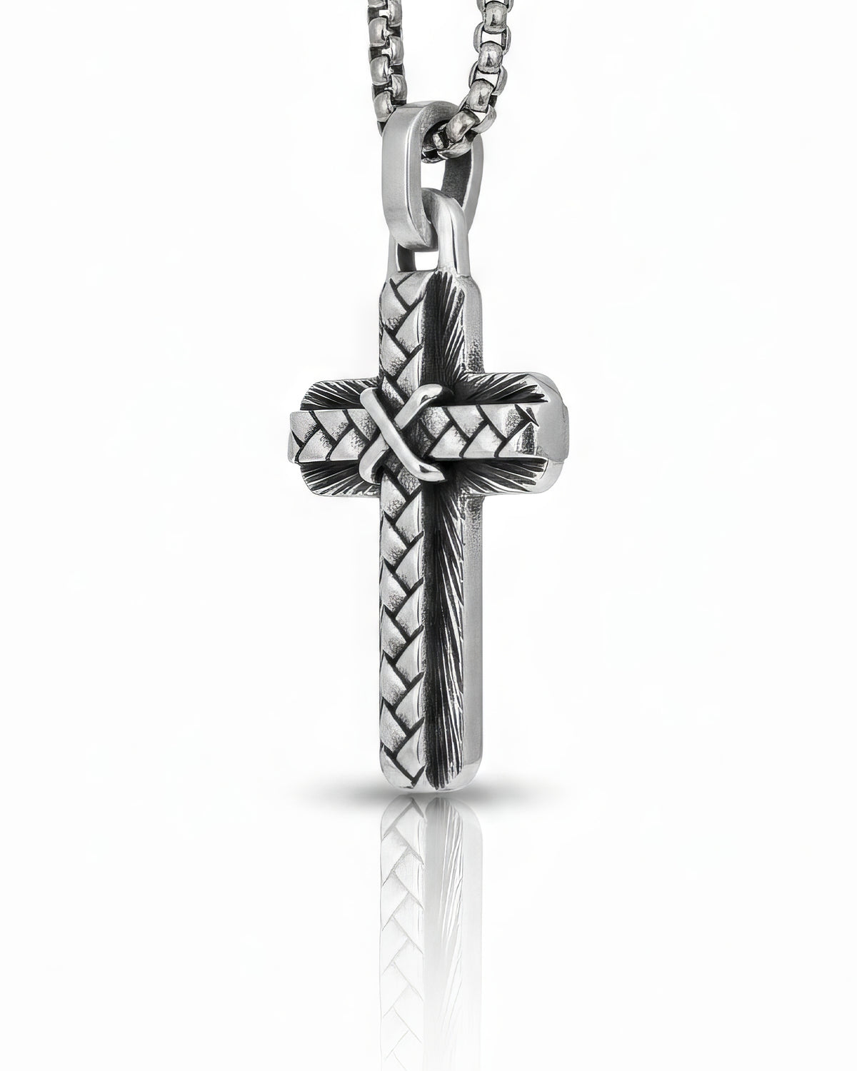 Layered Silver Cross Pendant Braided and Wood Texture