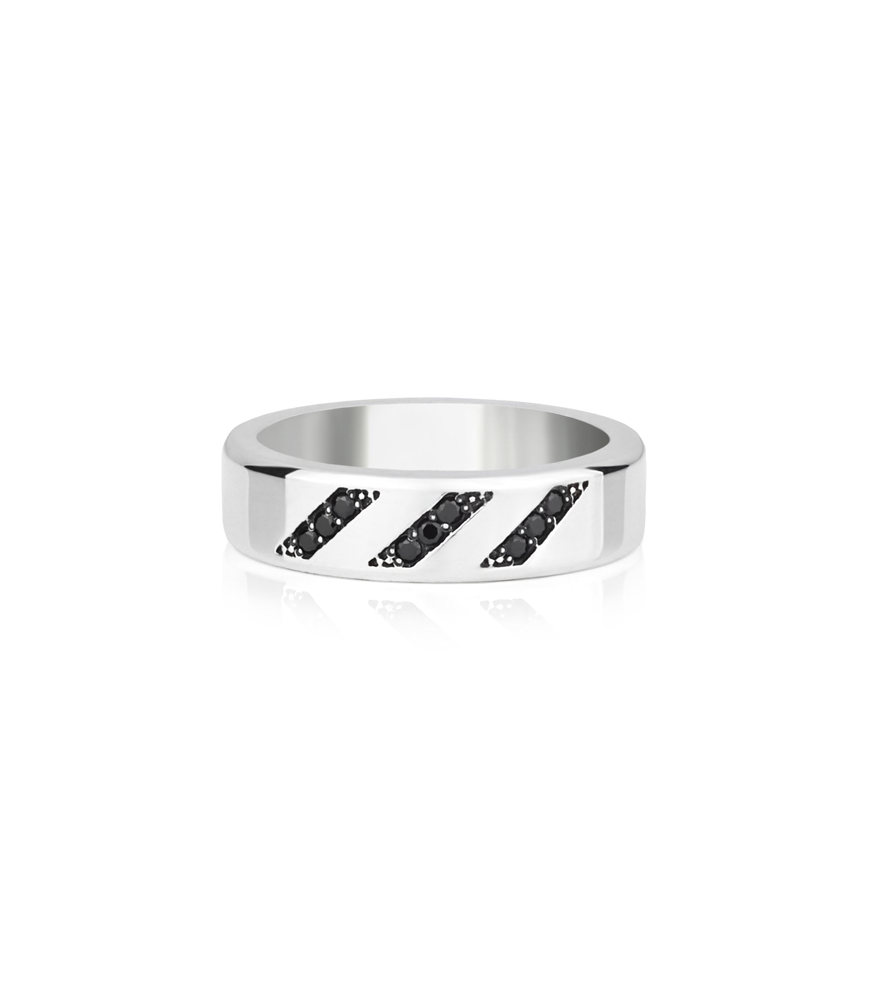 Minimalist Silver Wedding Ring Band with Black Stones