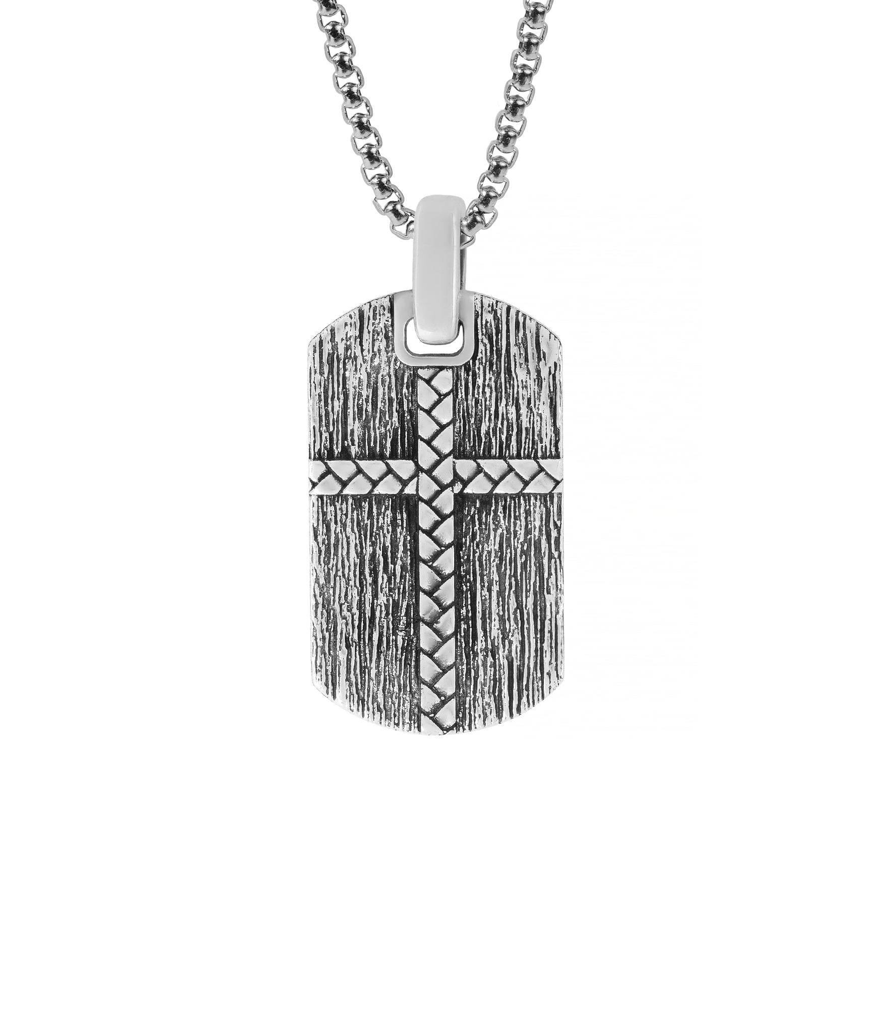 Tree Bark Texture Cross Tag Pendant Necklace Silver