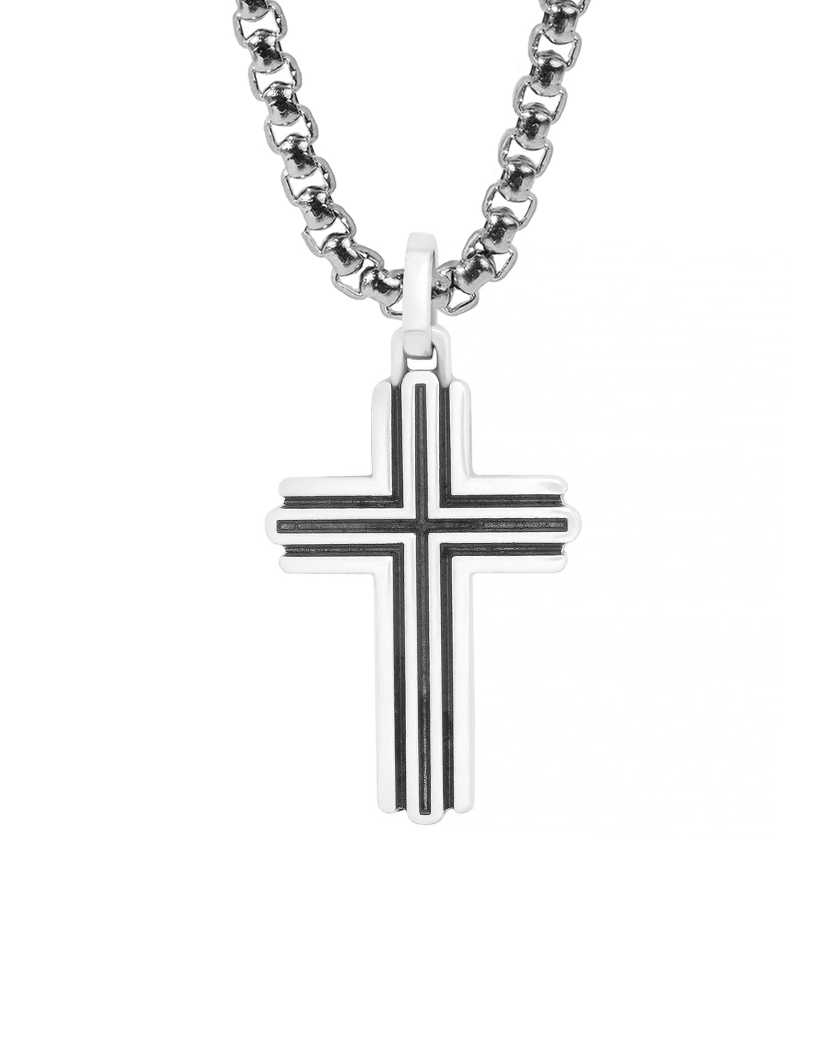 Double Line Grooved Silver Cross Pendant Necklace