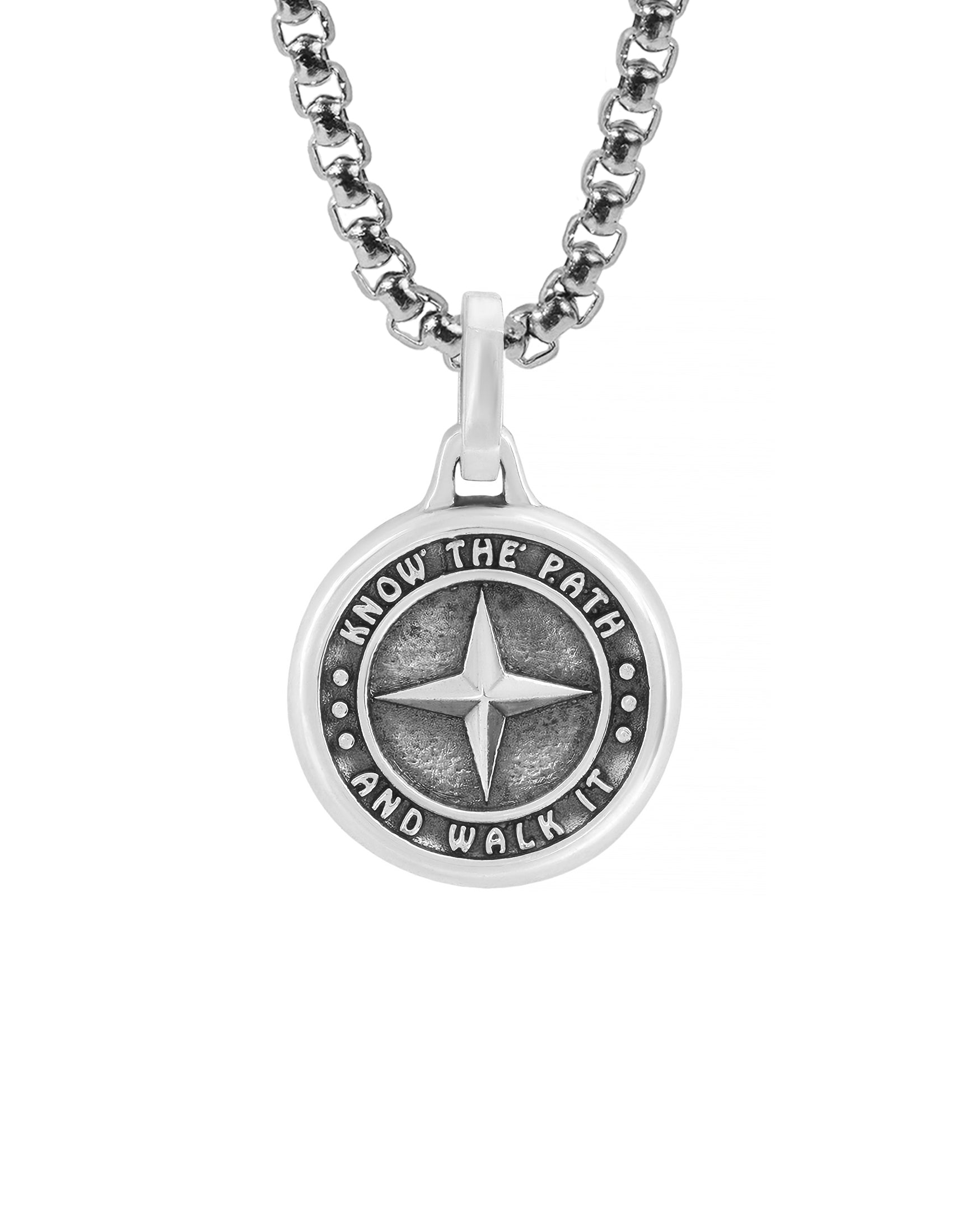 motivational silver disc necklace pendant with star and message.