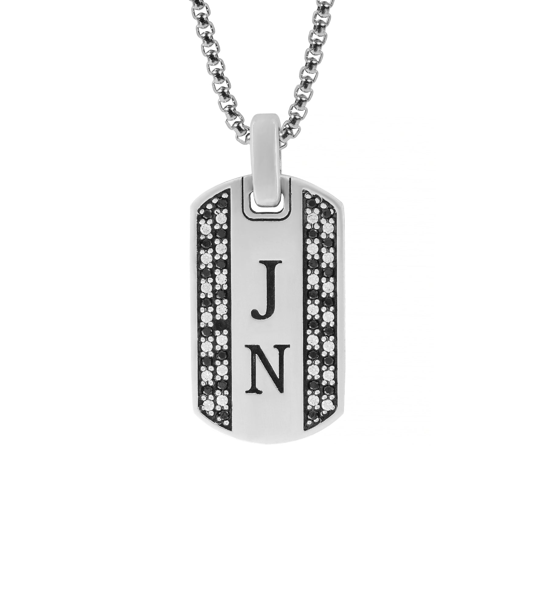 Mens Silver Initial Pendant Black and White Diamonds CZ