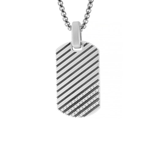 Unique Striped Silver Dog Tag Pendant with Diamonds CZ