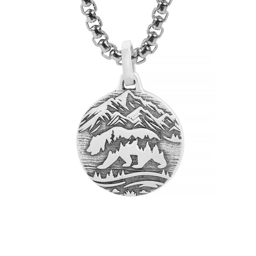 Nature inspired Round Necklace Mountains & Bear Silver