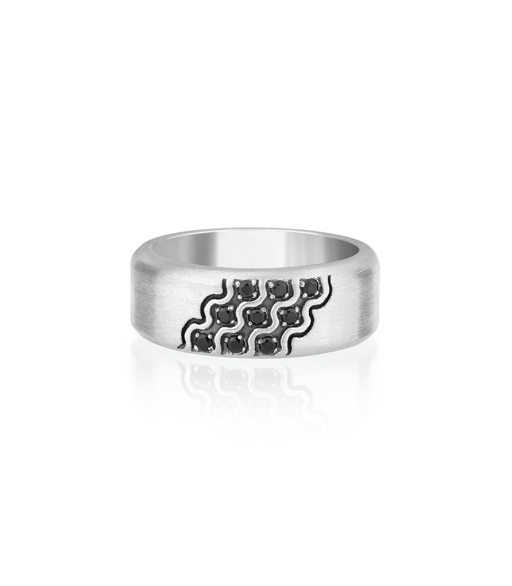 Large Silver Band Ring Black Stones Futuristic Design