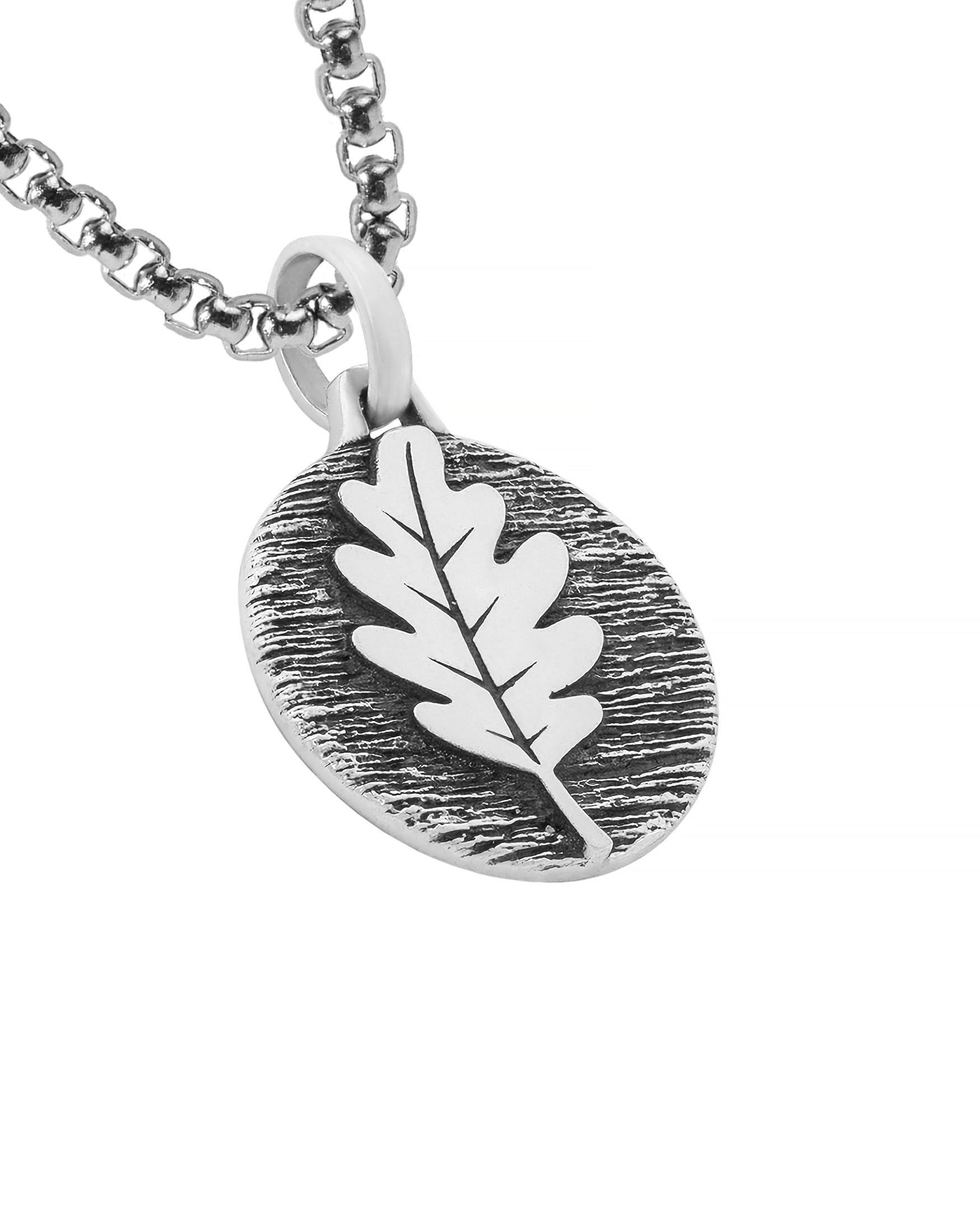 Round Pendant with Oak Leaf on Tree Bark Solid Silver
