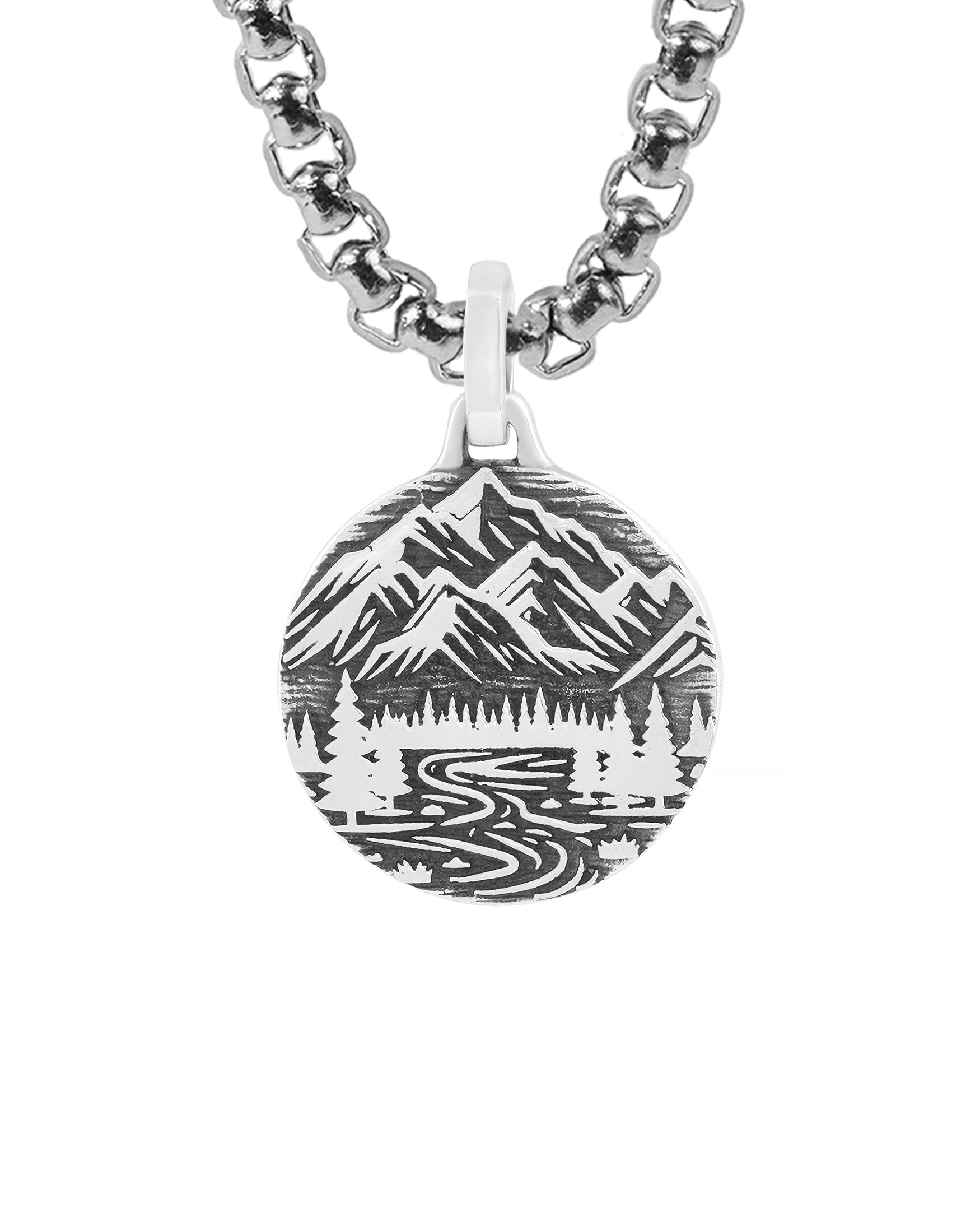Round Pendant Mountains & Spruce Forest Sterling Silver