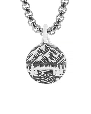 Mountains & Pine Forest Round Necklace Fine Silver 925