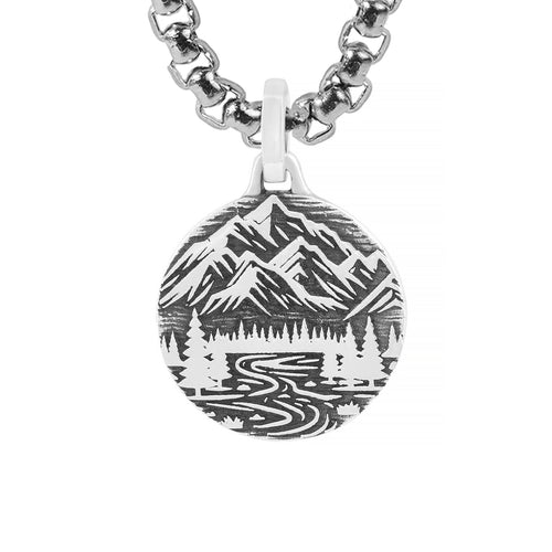 Round Pendant Mountains & Spruce Forest Sterling Silver