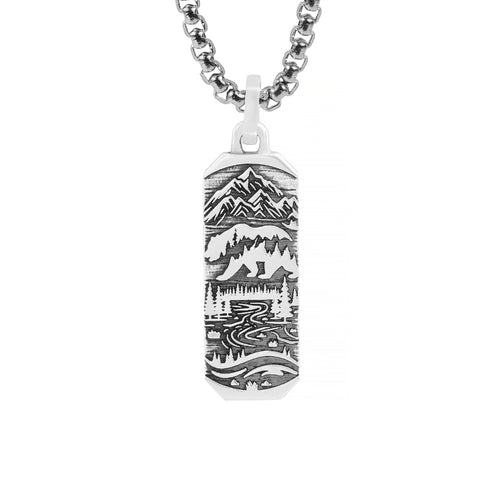 Bar Pendant with Bear and Mountains Fine Silver 925