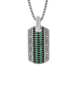 silver celtic knot dog tag pendant necklace with multiple green and black stones.