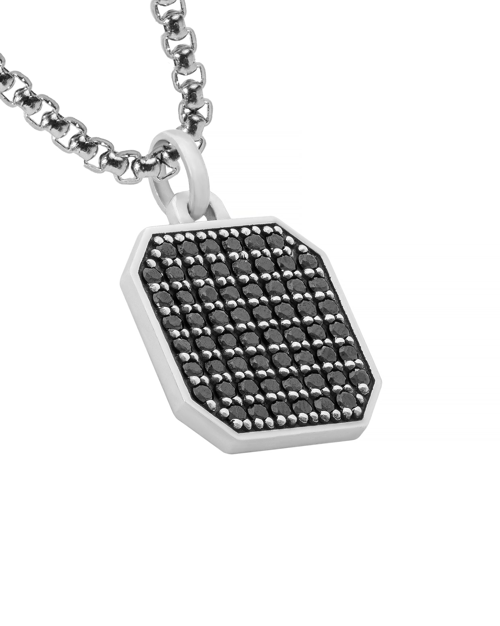 Men's Silver Octagon Cocktail Necklace Black Diamonds CZ