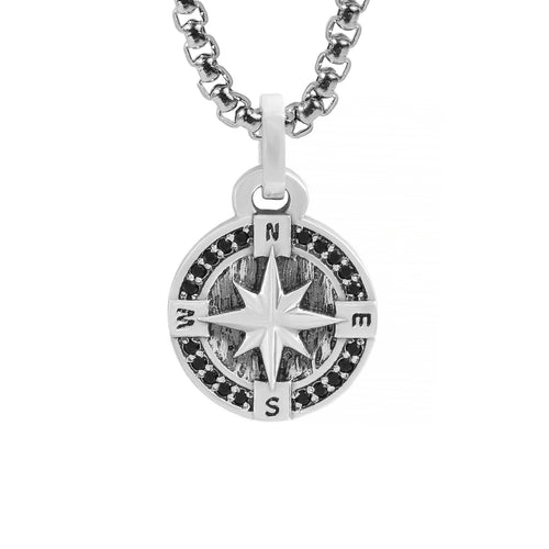 Round Silver North Star Necklace Pendant Black Stones