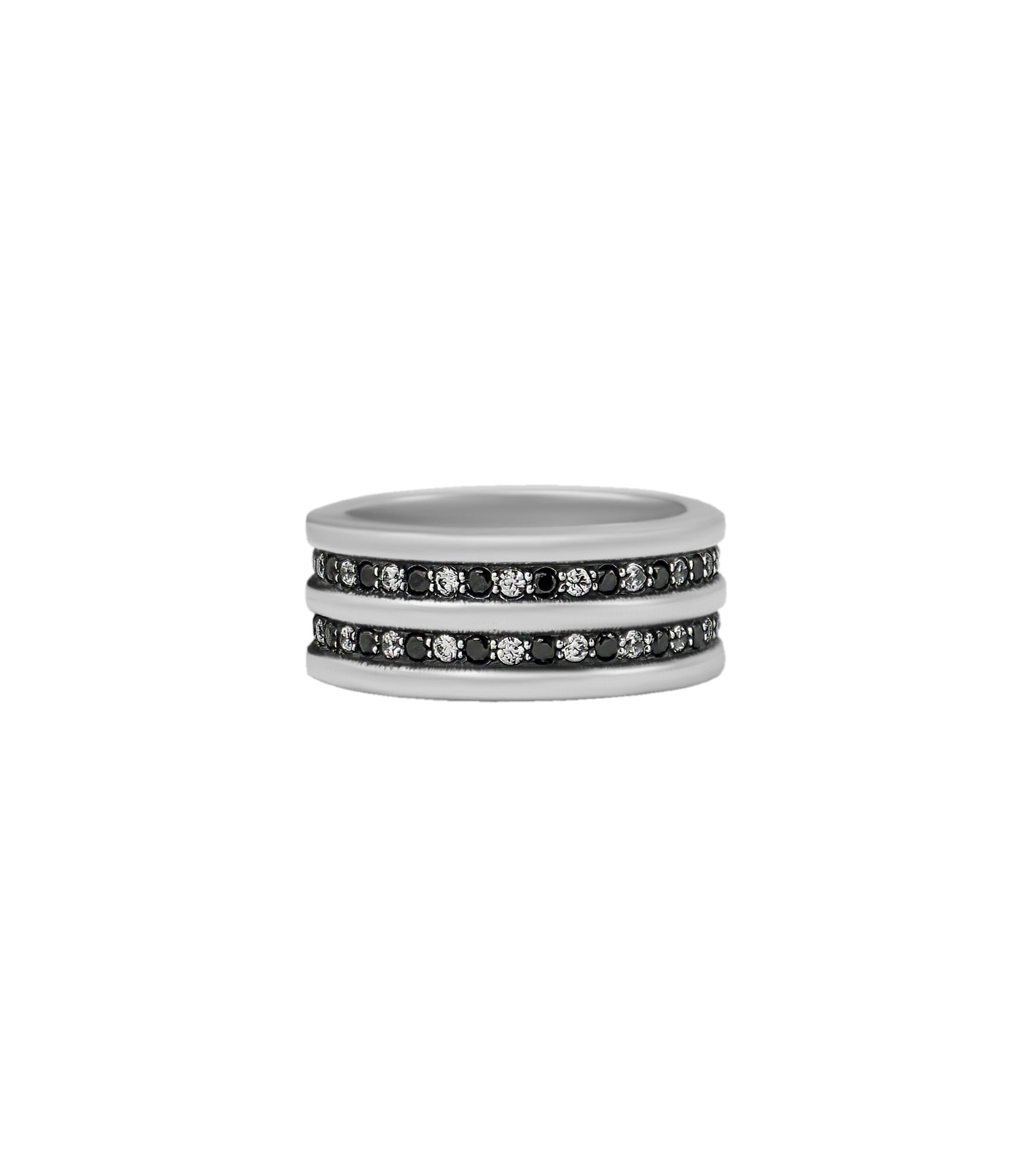 Double-Row Silver Wedding Ring Black and White Stones