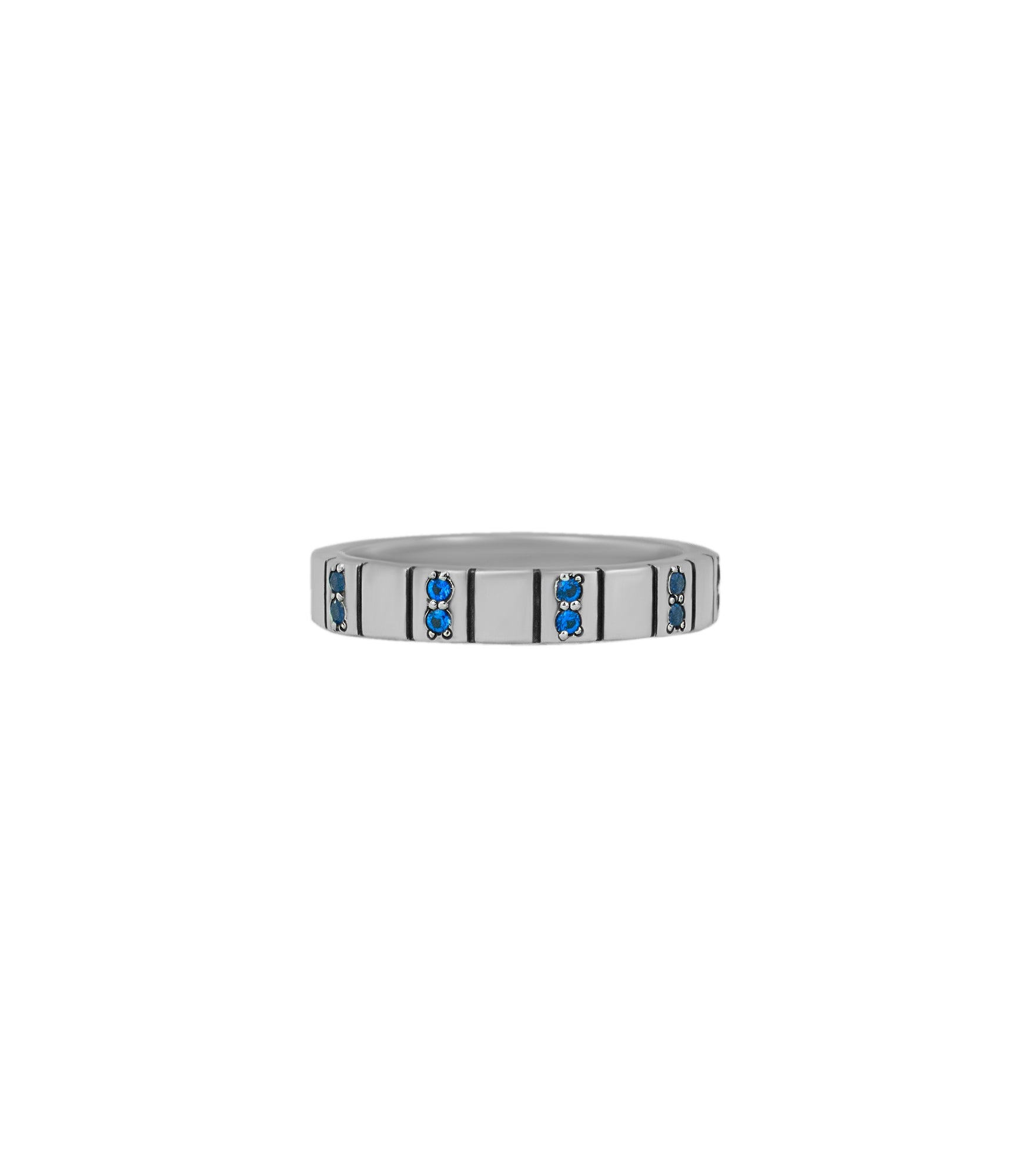 Silver Wedding Ring Multiple Blue Stones and Stripes