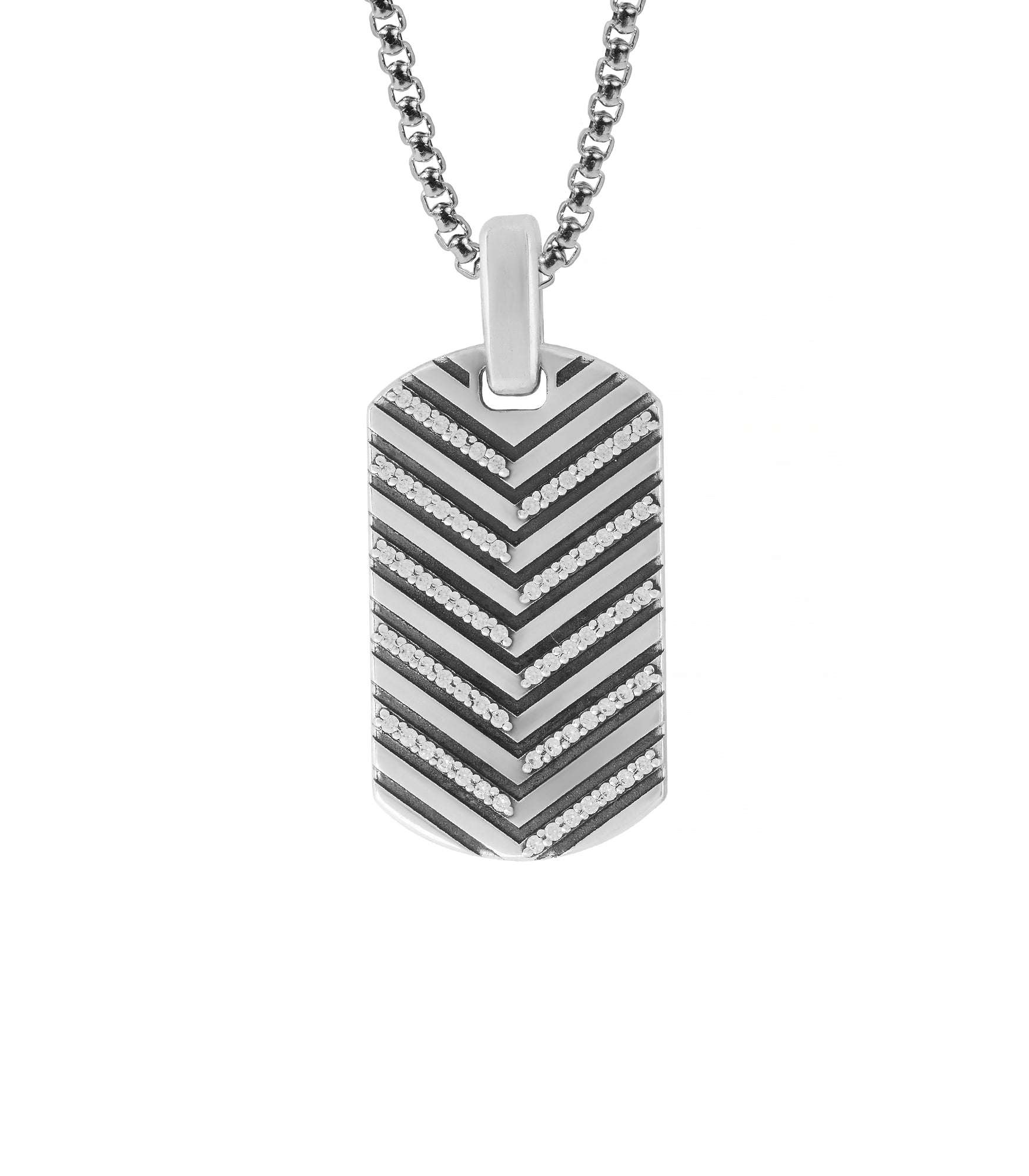 Solid Silver Chevron Pendant Necklace with Diamonds CZ