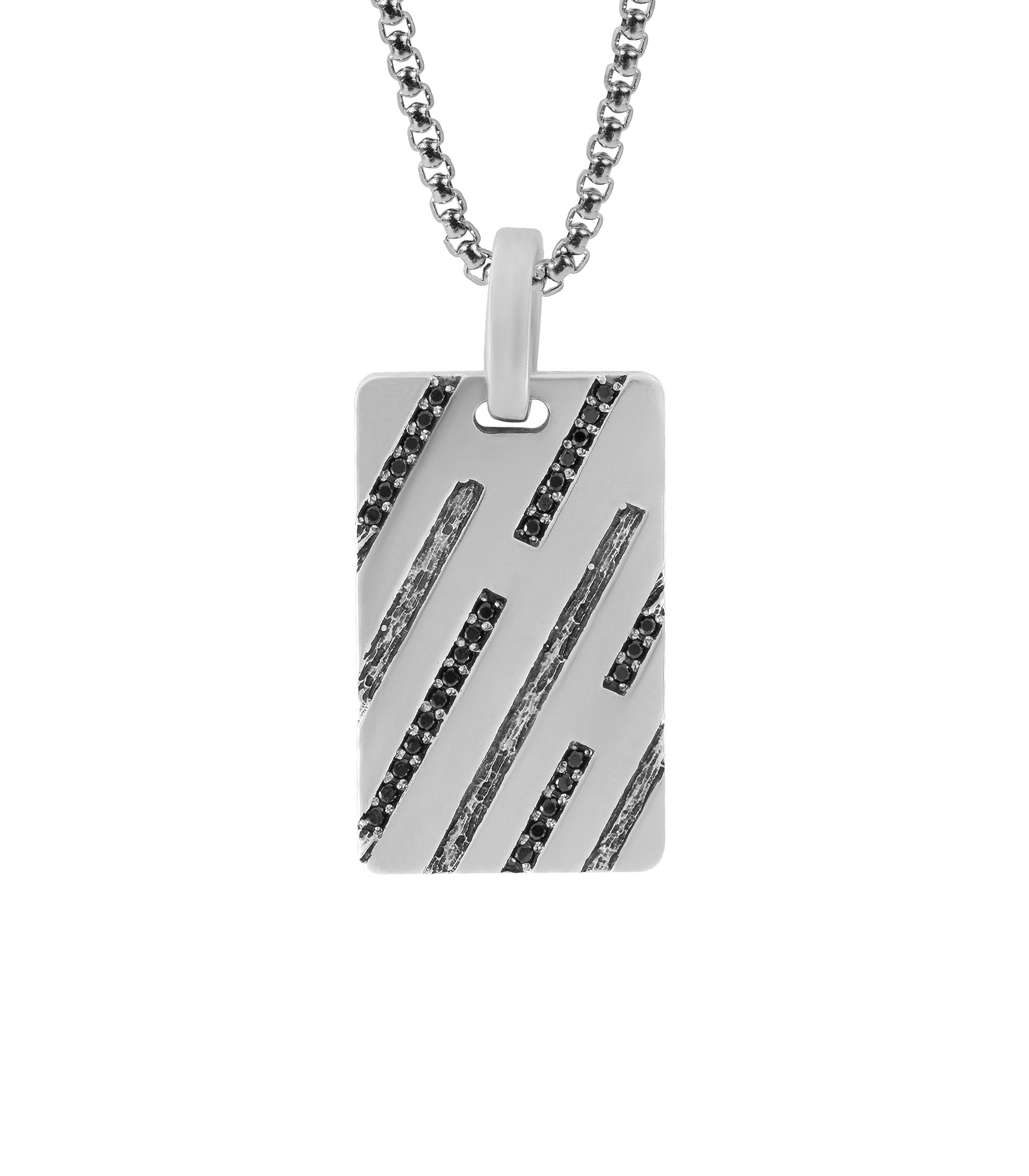 Mens Silver Dog Tag Pendant with Black Crystals and Stripes